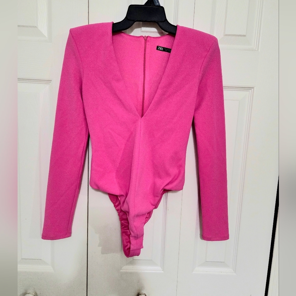 ZARA New Hot Pink Long-Sleeve Deep V-Neck Bodysuit
